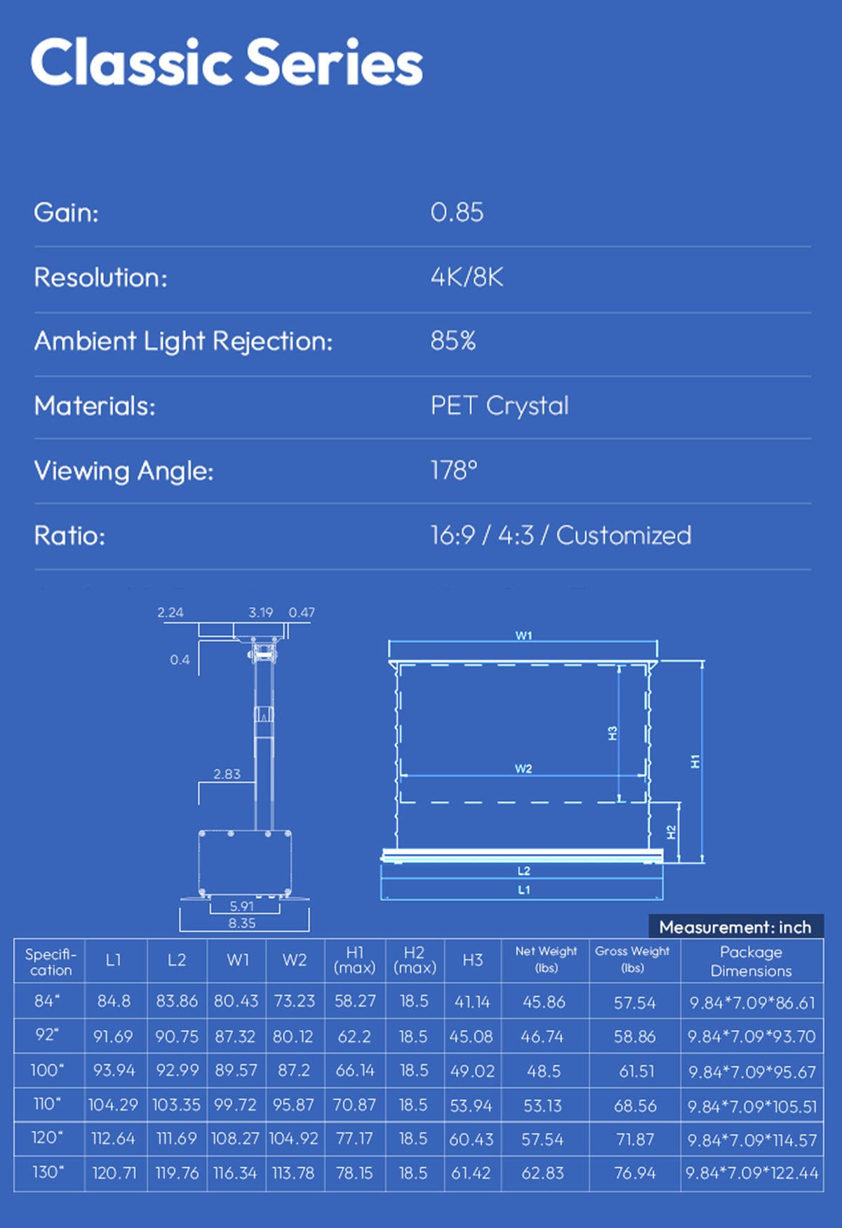100''-150'' NothingProjector UST ALR Screen: Projection Distance & Height Specs (Inch)