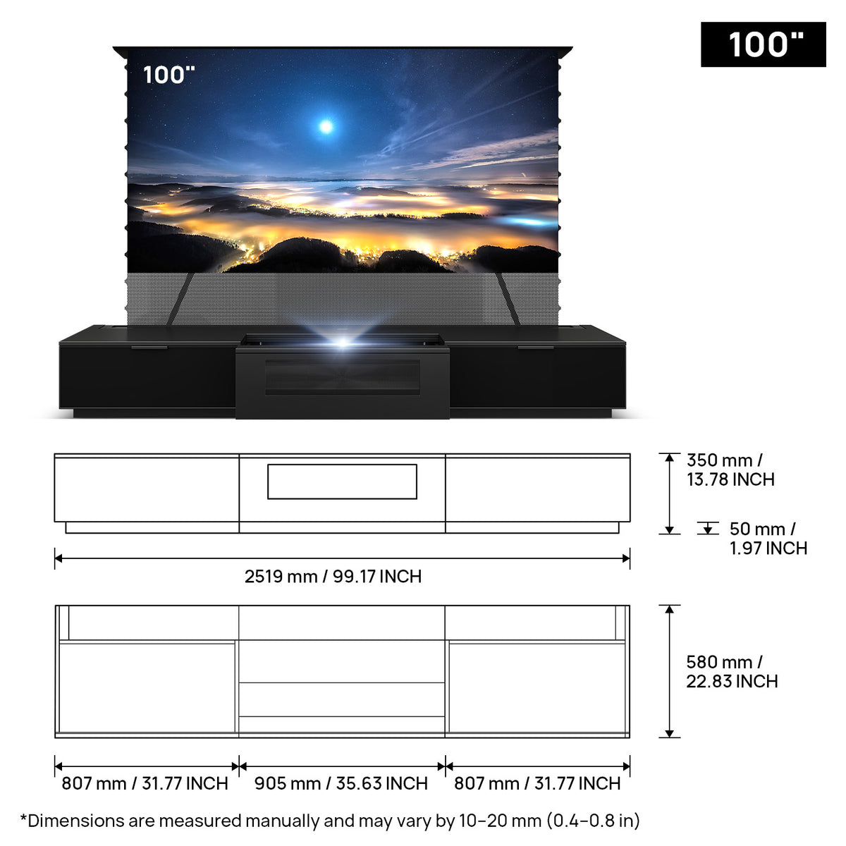 NothingProjector Berlin 100 inch laser TV cabinet dimensions in mm and inches