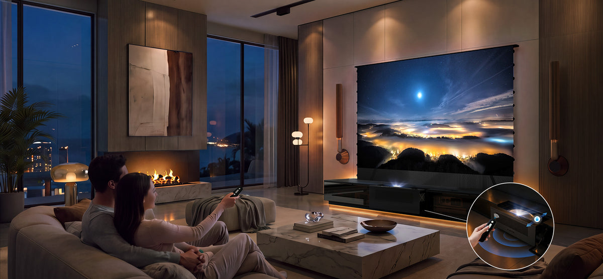 Smart synchronized control of the motorized tray and rising screen