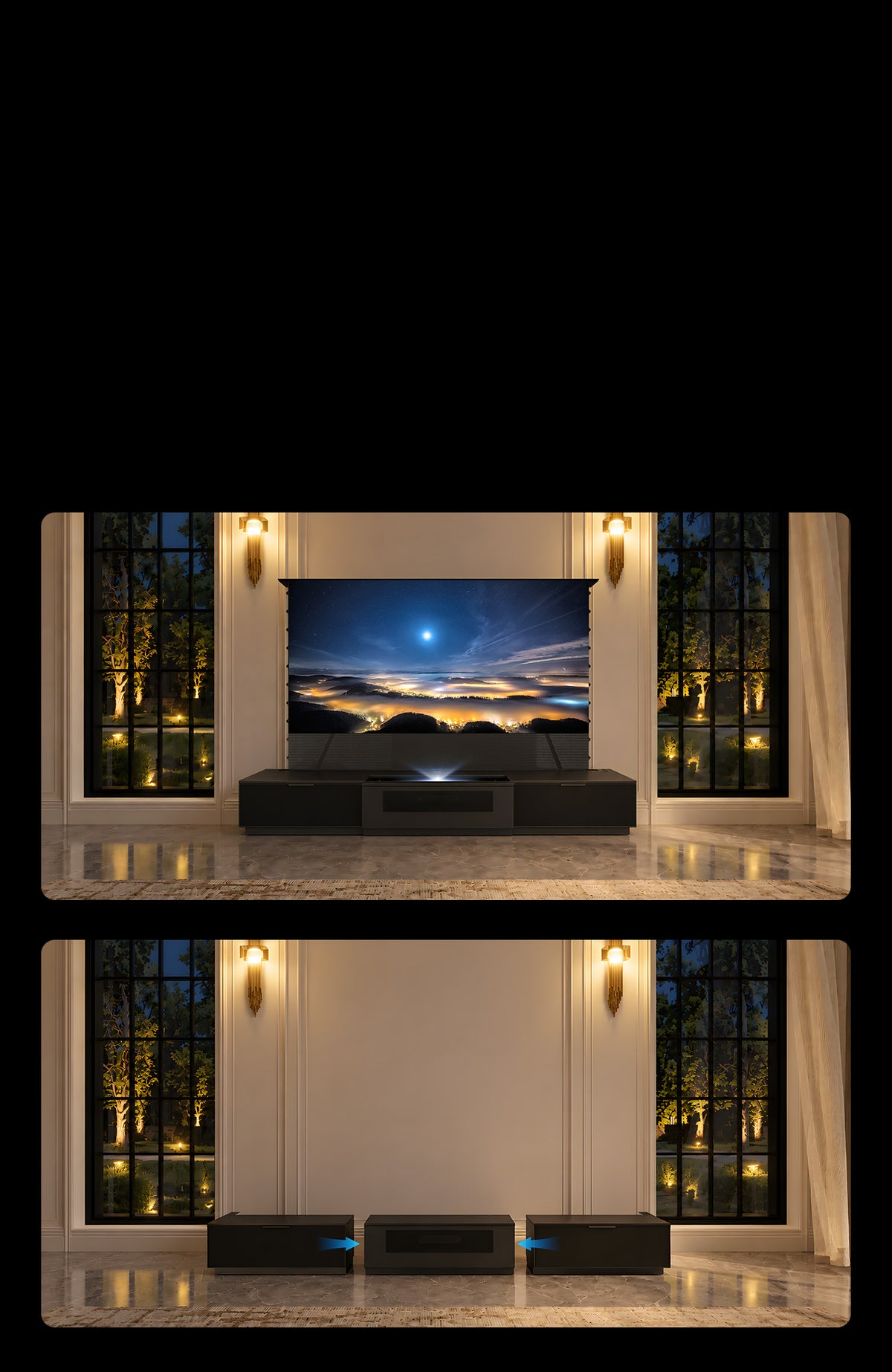 Three pre-assembled cabinet sections for instant cinema setup