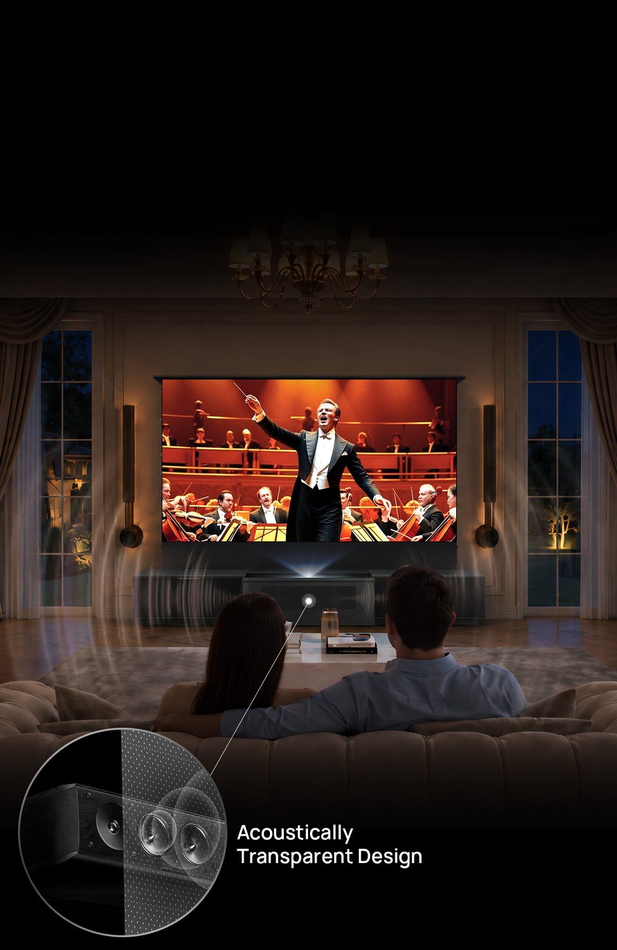 Acoustically transparent front panel concealing the soundbar