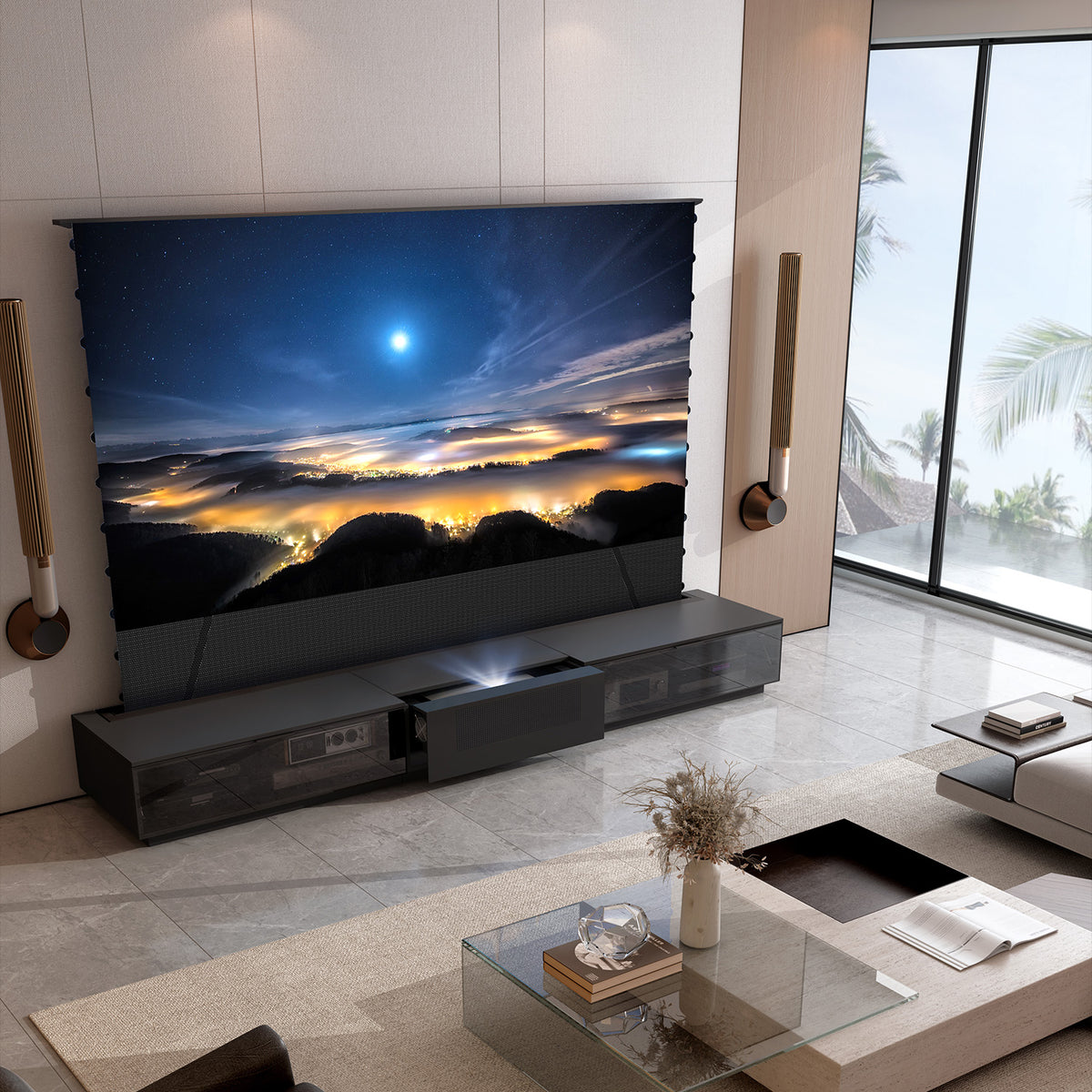 NothingProjector Berlin laser TV cabinet glass door and motorized tray detail