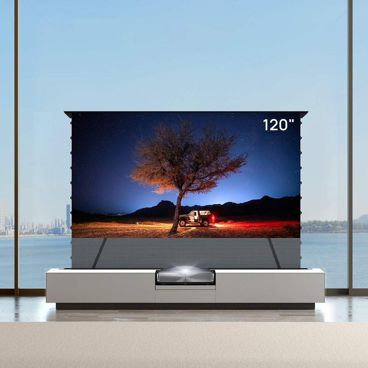 NothingProjector smart motorized laser TV cabinet in gray with a 120 inch ALR floor rising screen raised