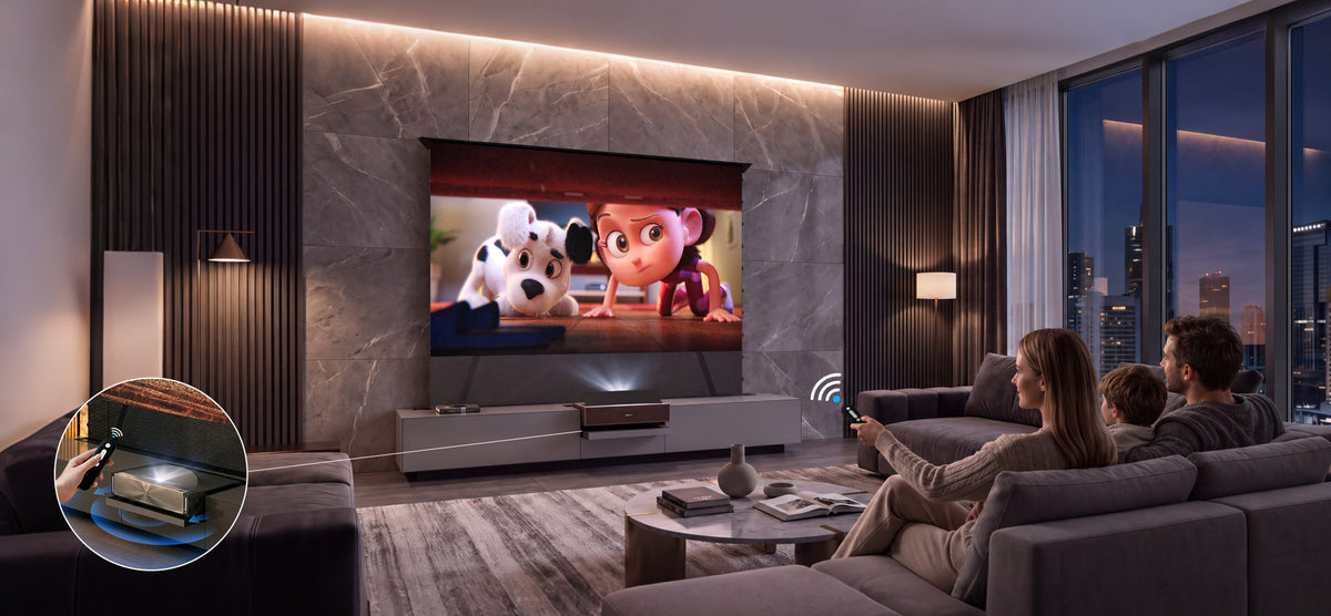 NothingProjector gray laser TV cabinet syncing with a projector and a floor rising screen