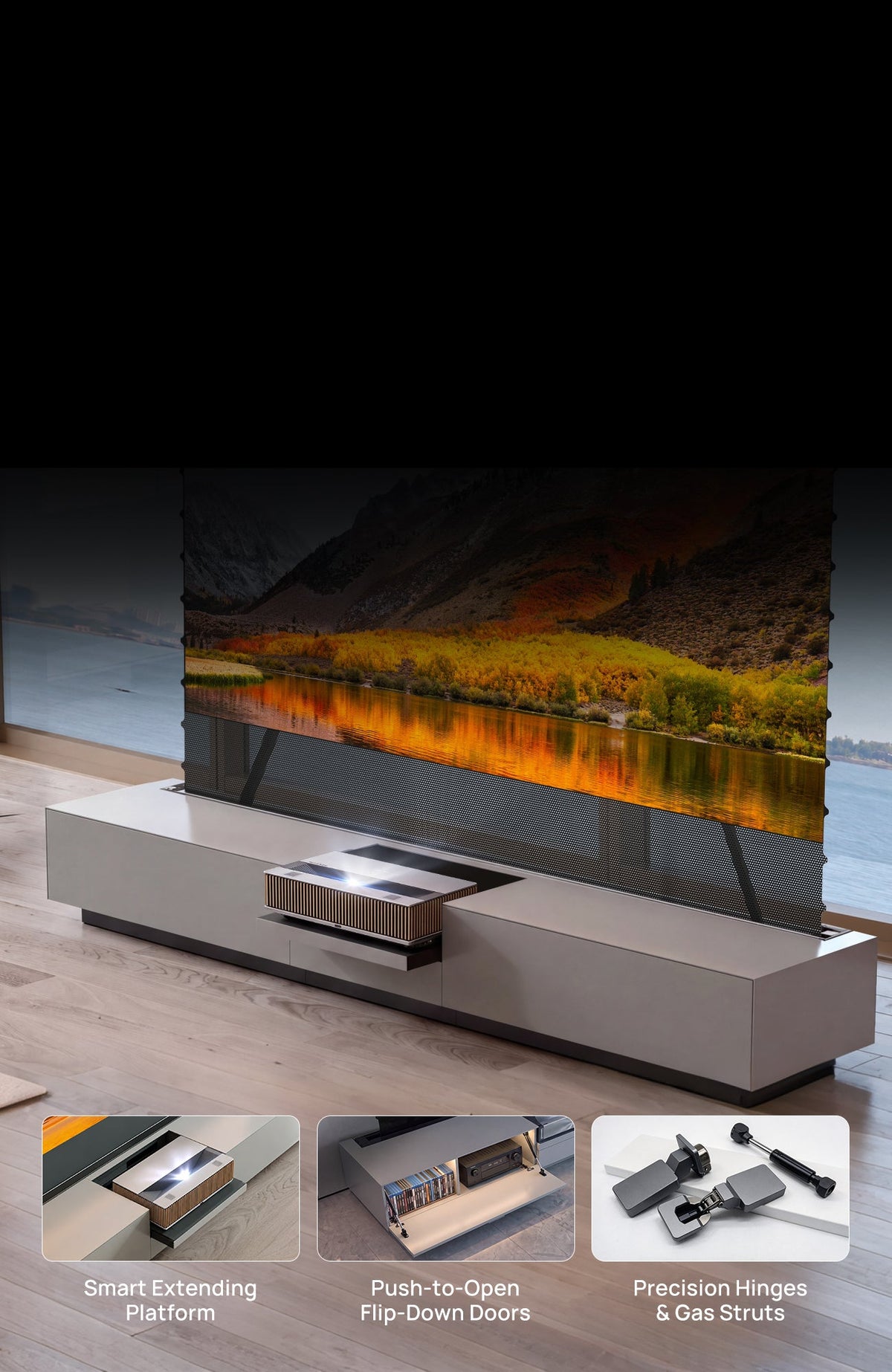 Motorized extending platform sliding a UST projector forward from the open middle compartment