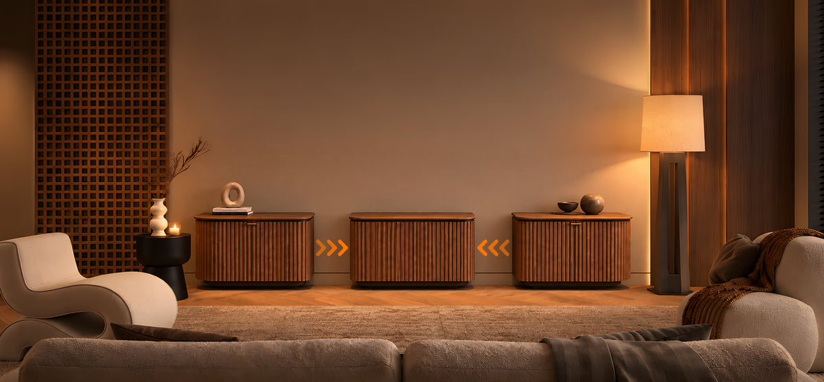 NothingProjector Milo laser TV cabinet — Three Pre-Assembled Sections. Instant Cinema Setup