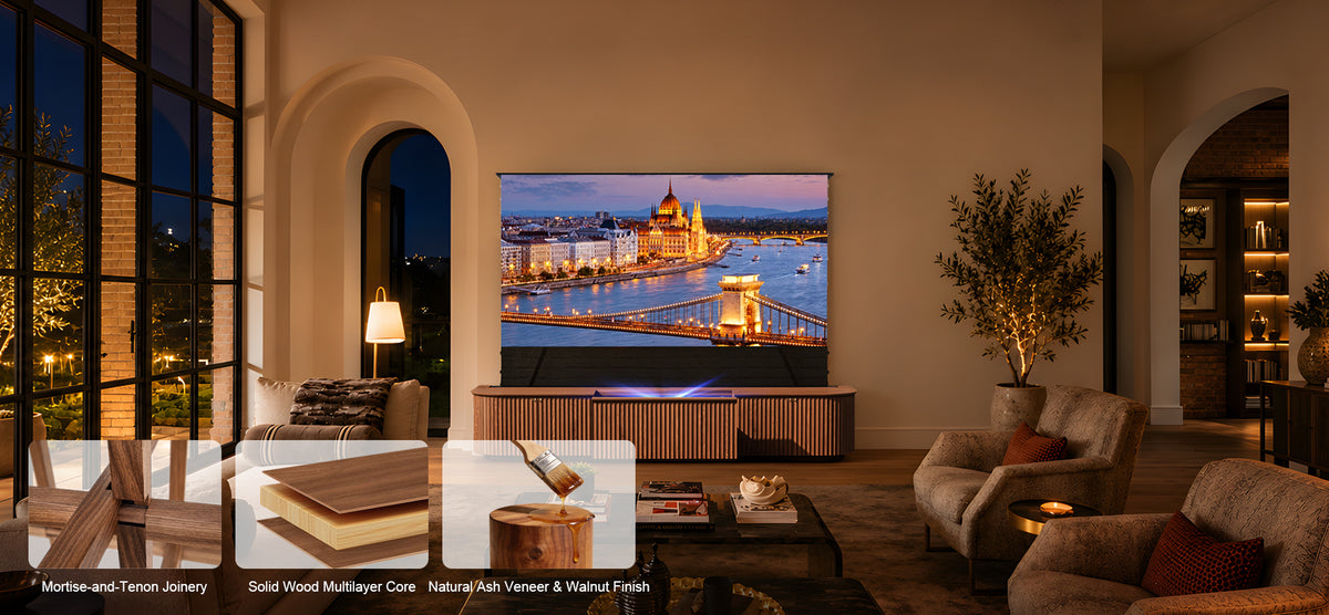 NothingProjector Milo laser TV cabinet — Solid Multilayer Craftsmanship with Open-Pore Walnut Finish