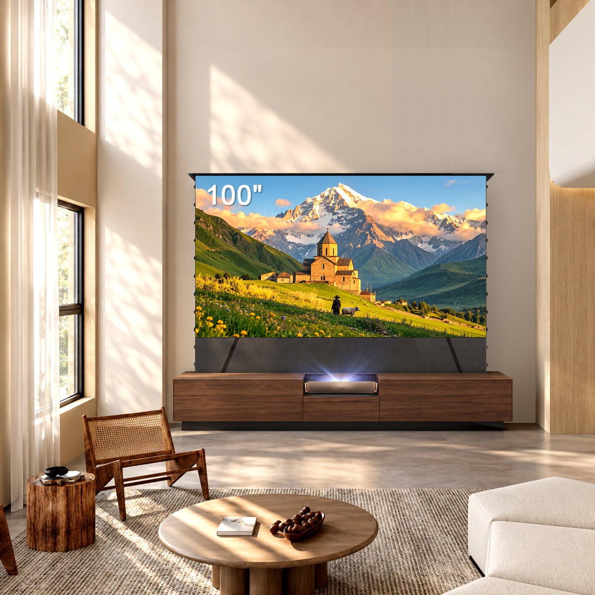 NothingProjector Smart Motorized Laser TV Cabinet in Walnut, 100 inch