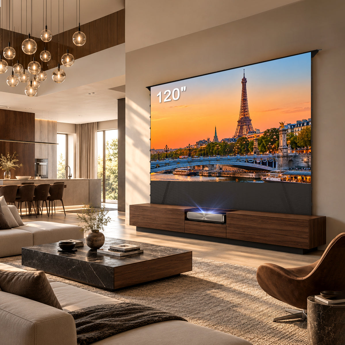 NothingProjector Smart Motorized Laser TV Cabinet in Walnut, 120 inch
