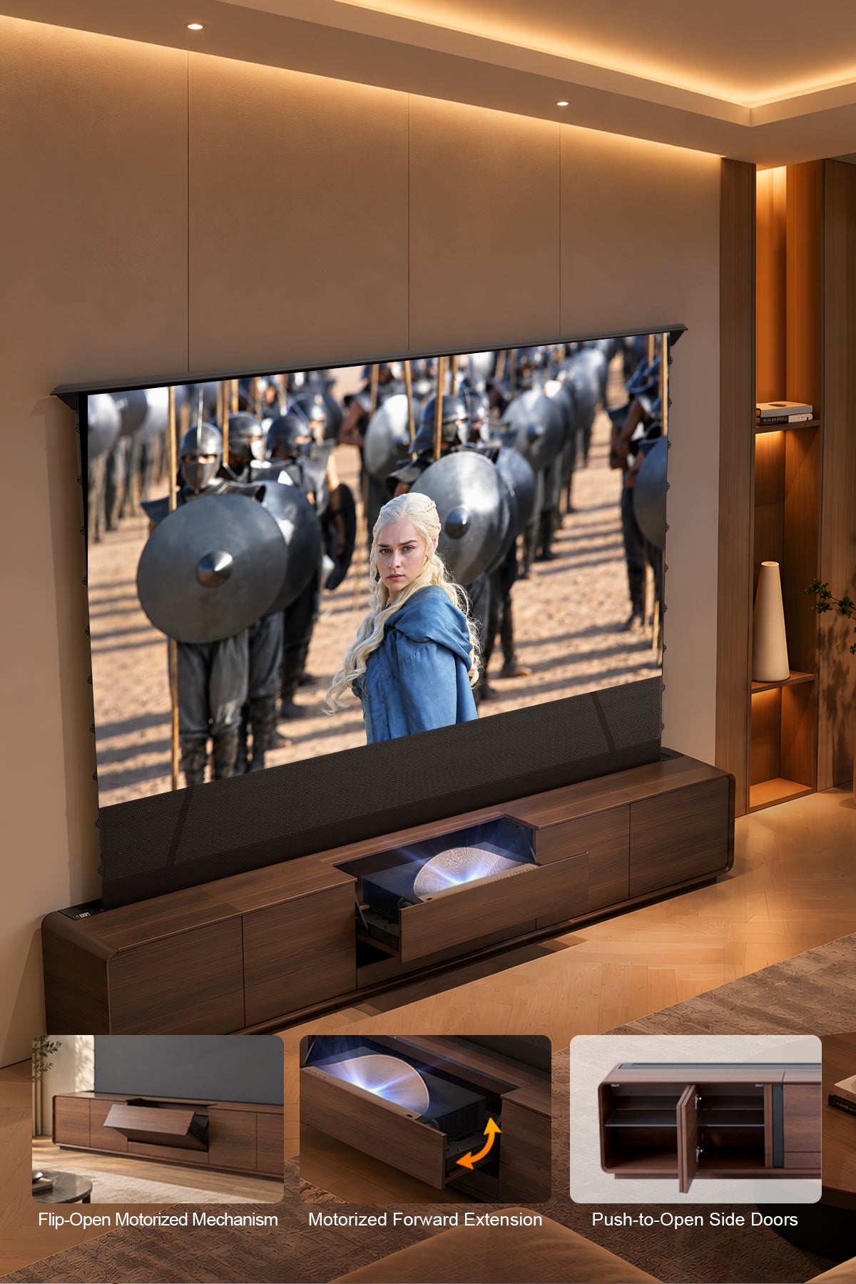 NothingProjector Walnut laser TV cabinet — flip extend motorized platform