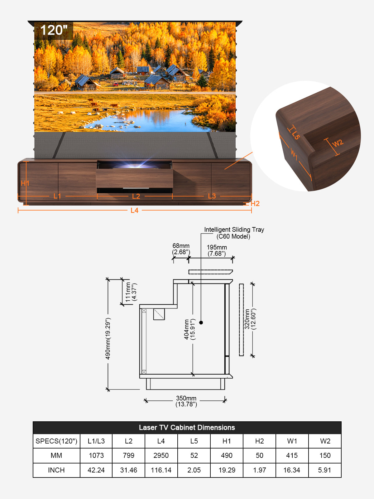 NothingProjector Walnut 120 inch laser TV cabinet size chart for mobile