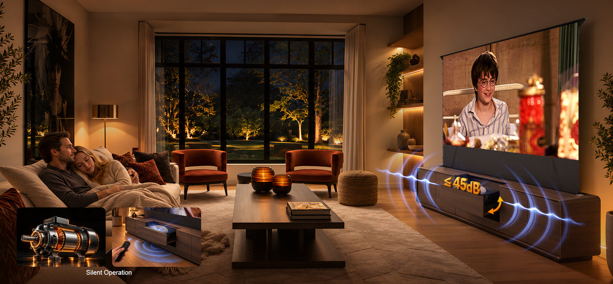 NothingProjector Walnut laser TV cabinet — whisper quiet motor