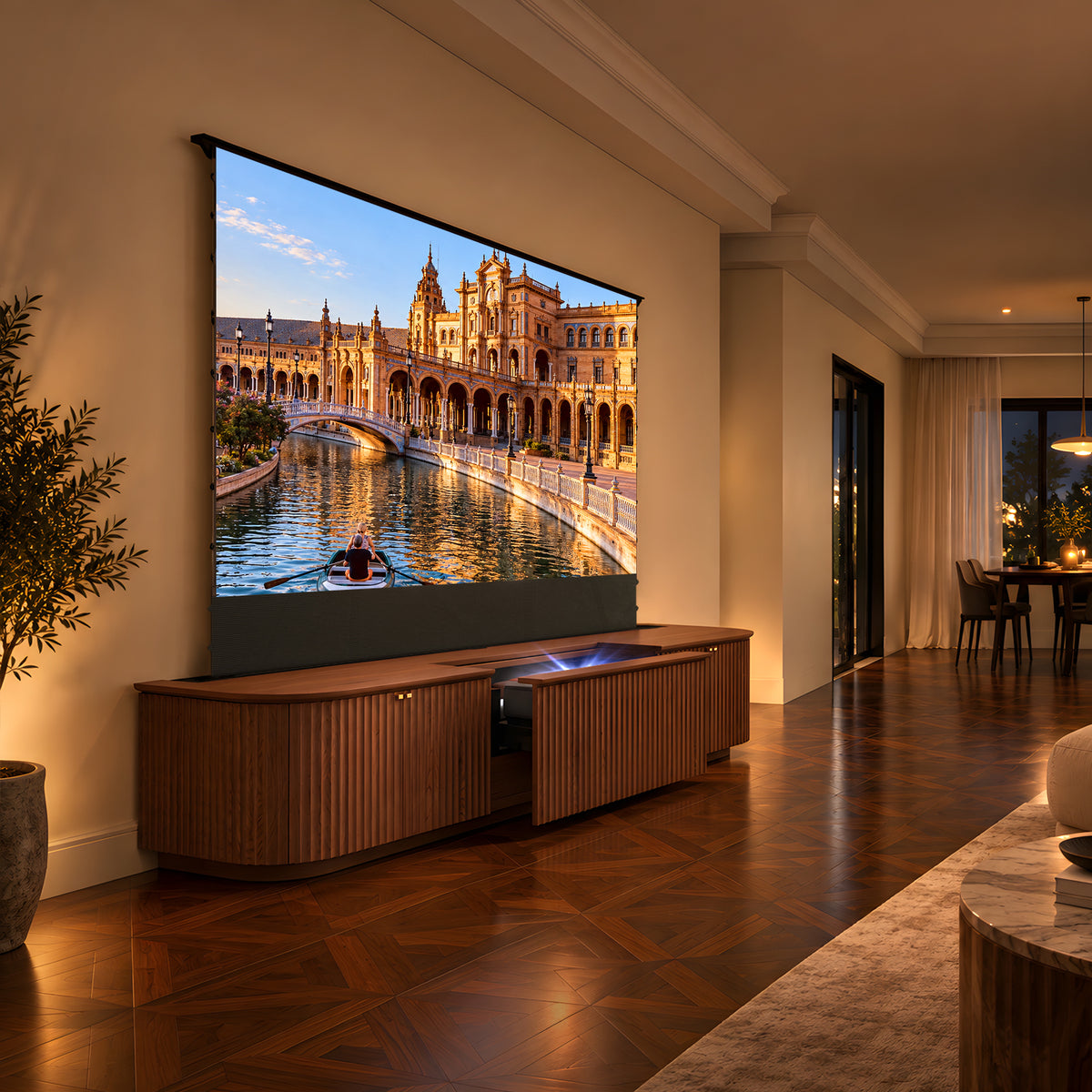 NothingProjector Milo UST projector cabinet in a home theater with the motorized floor-rising screen up for movie night