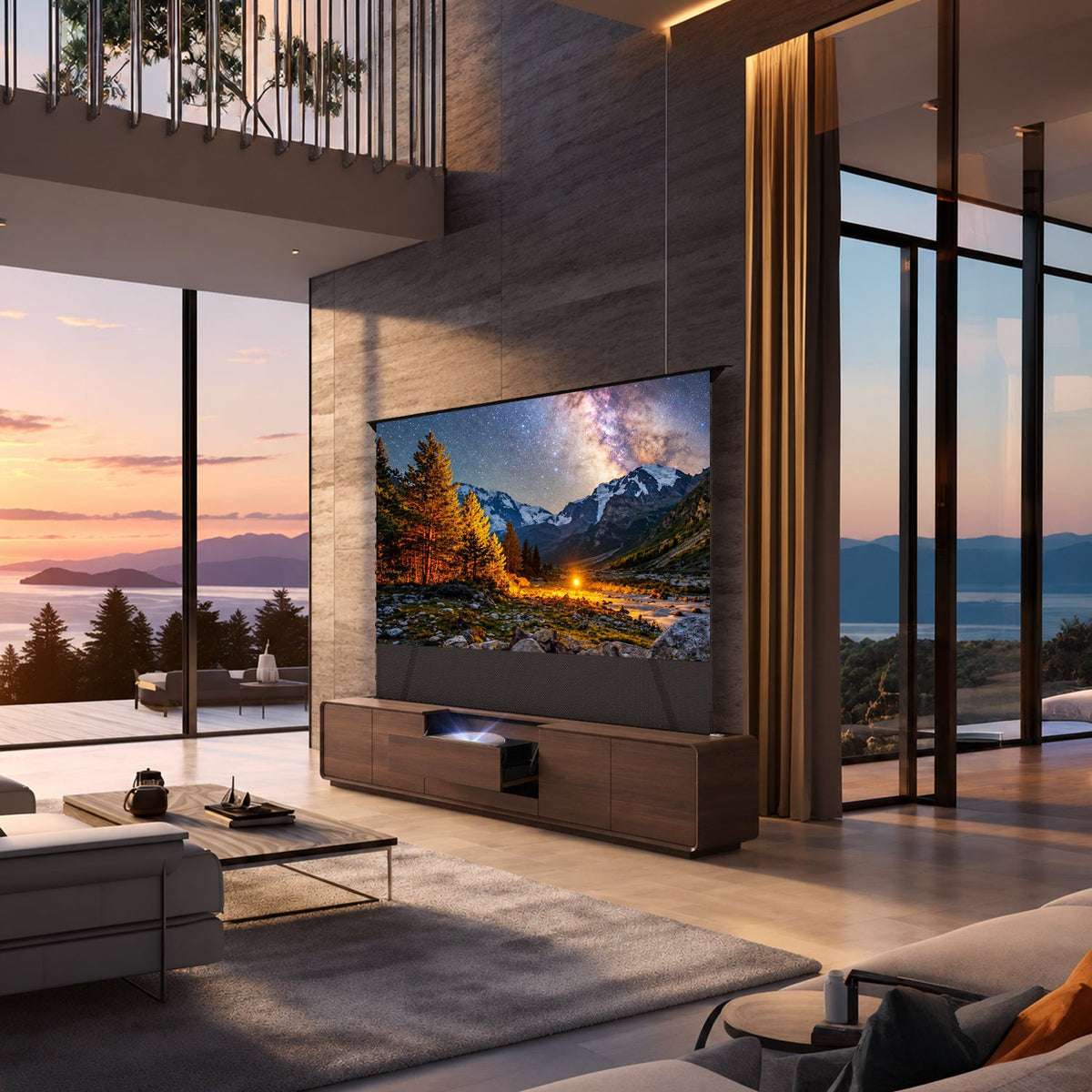 NothingProjector noix Ultra Courte Focale vidéoprojecteur meuble installé dans un séjour avec un étage montant ALR écran