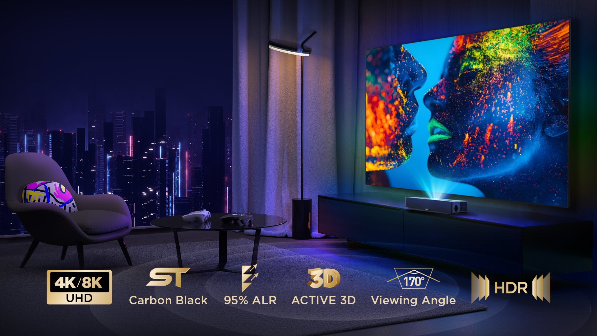 Black Series ALR screen with 95% light rejection, 4K/8K HDR support, Active 3D, and 170° viewing angle for bright-room home theaters