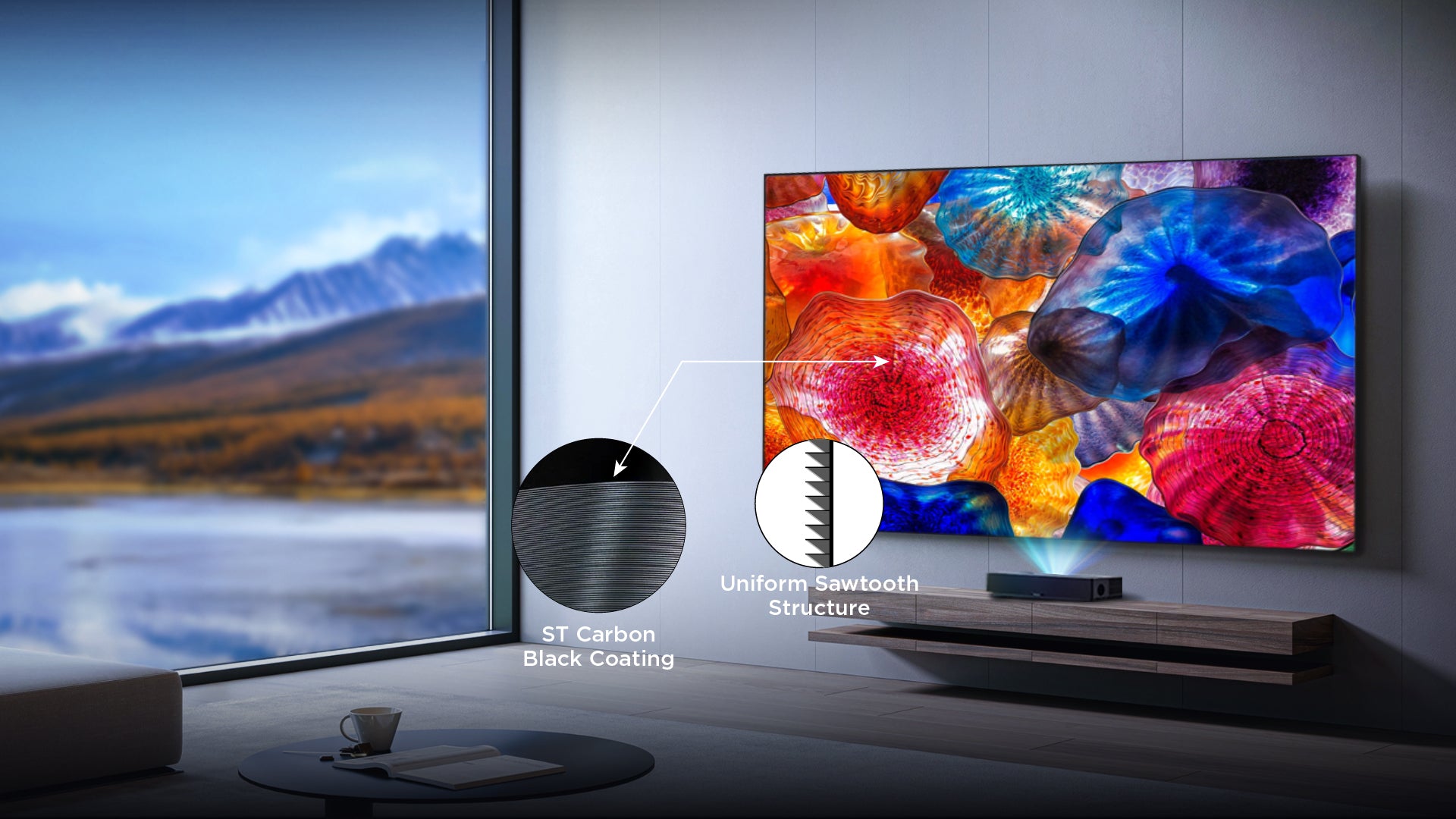 ALR screen technology with venetian-like layers reflects light upward while absorbing ambient light, ensuring vivid colors in bright rooms through Uniform Sawtooth structure and ST Carbon Black coating
