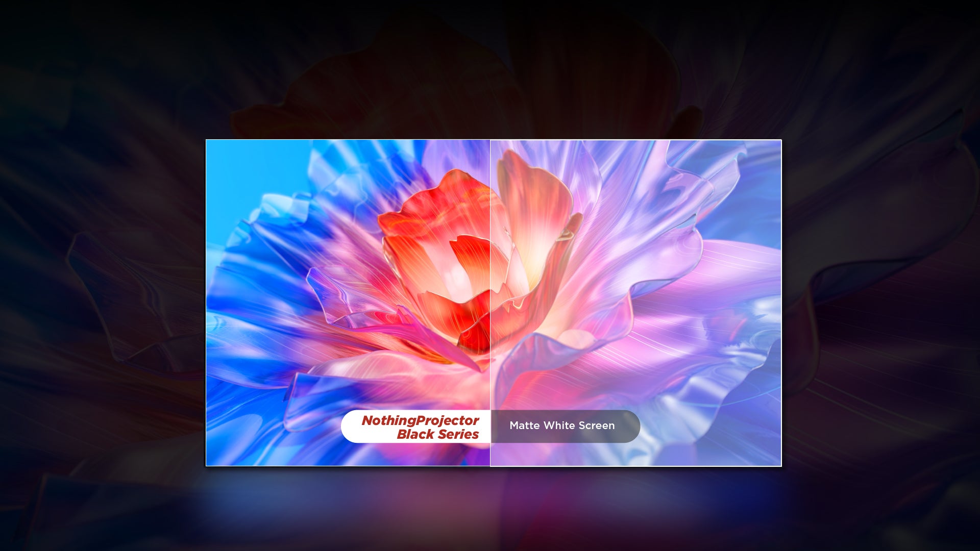 Visual comparison showing NothingProjector Black Series' 0.6dB low-gain screen (enhanced blacks, shadow detail) vs standard matte white screens (washed-out contrast) for dark-room projection