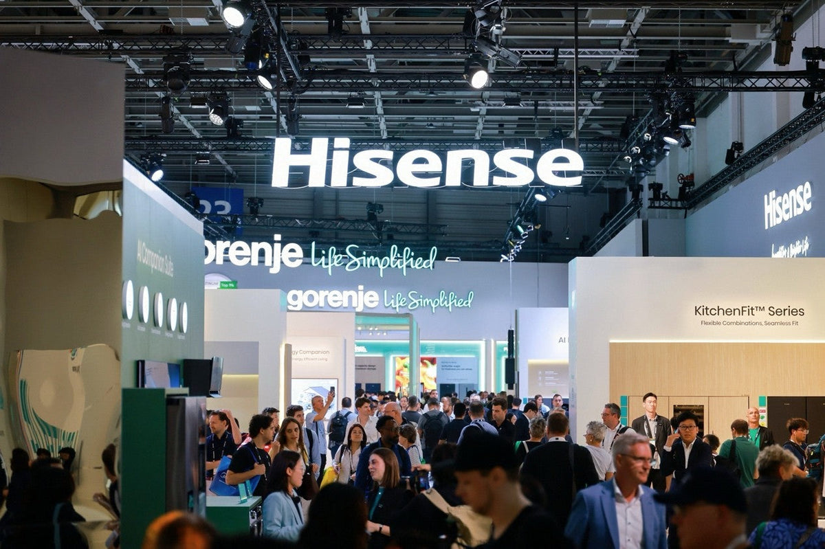 IFA 2026 Berlin exhibition hall featuring the prominent Hisense showcase booth with official logo and flagship laser TV displays.