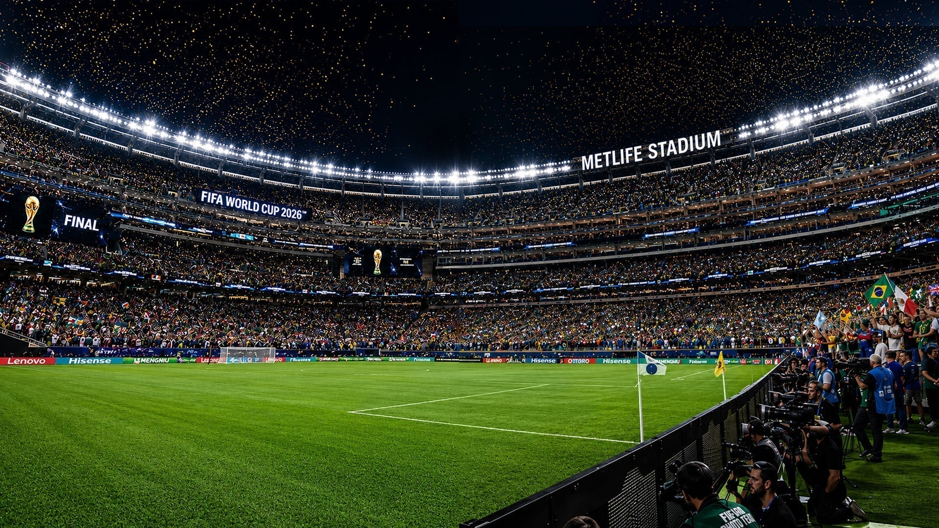 Official perimeter sponsor boards for Lenovo, Hisense, and Mengniu at the 2026 FIFA World Cup stadium.