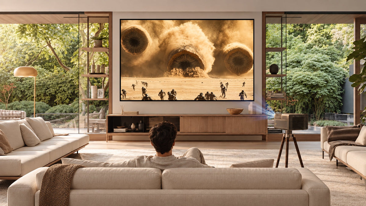 Flagship triple laser RGB projector throwing vibrant movie image on premium ALR screen in a modern living room home theater setup