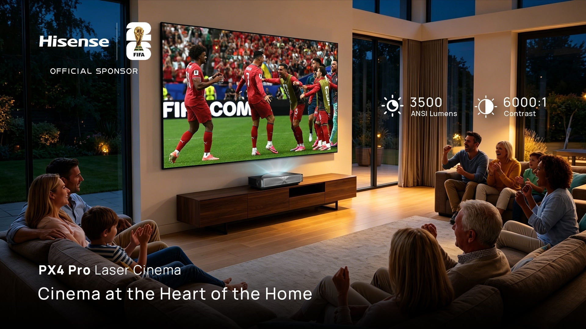 isense PX4-PRO UST projector displaying a stadium football match in a bright, modern European living room.
