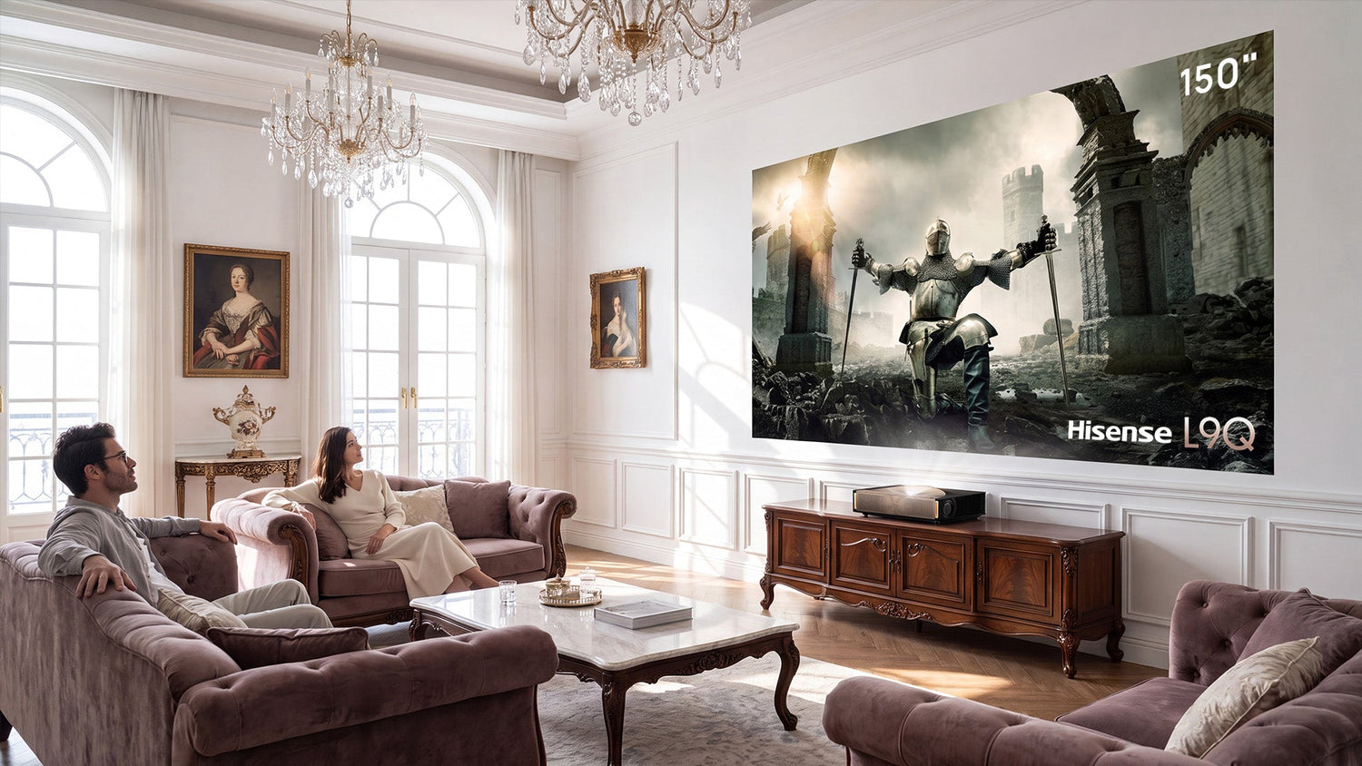 Luxury European home theater living room showcasing a massive 150-inch Hisense laser TV with vibrant 4K resolution.