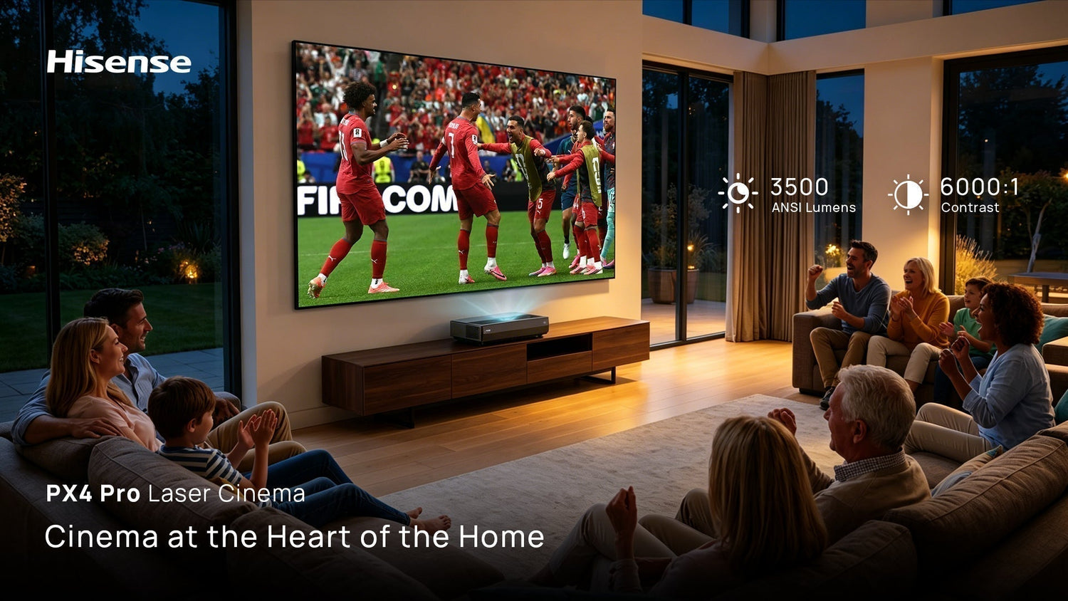 isense PX4-PRO UST projector displaying a stadium football match in a bright, modern European living room.