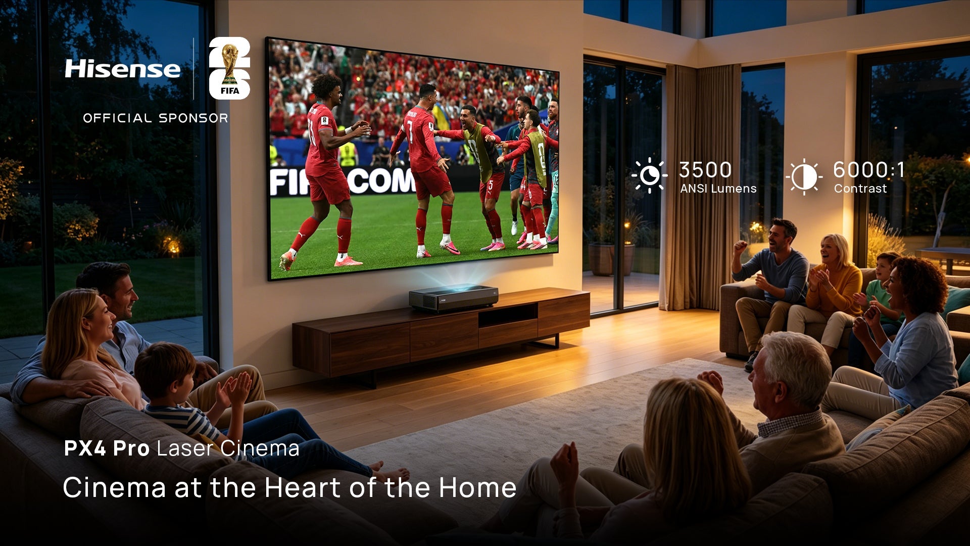 isense PX4-PRO UST projector displaying a stadium football match in a bright, modern European living room.