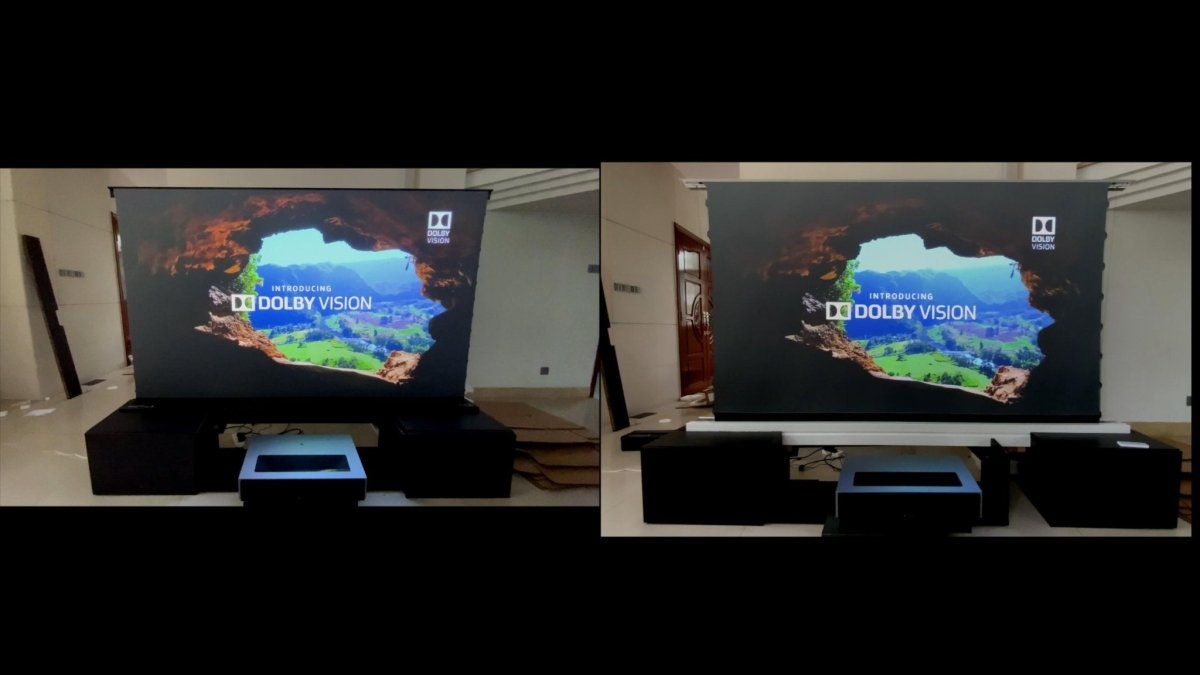 XY vs Vividstorm, Floor Rising Screens side-by-side Compare - Nothingprojector