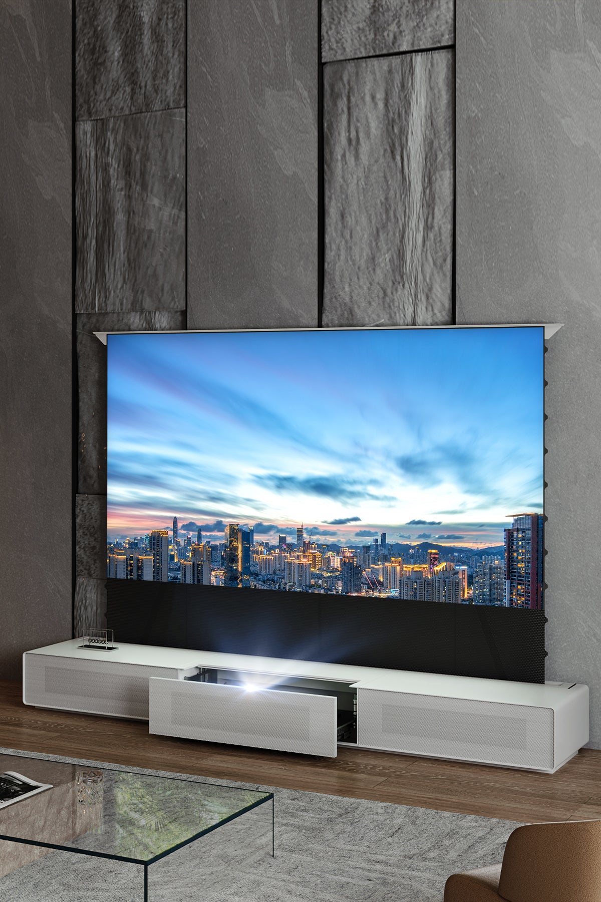 Shore Matte Laser TV Cabinet: Motorized UST TV Stands | Black/White