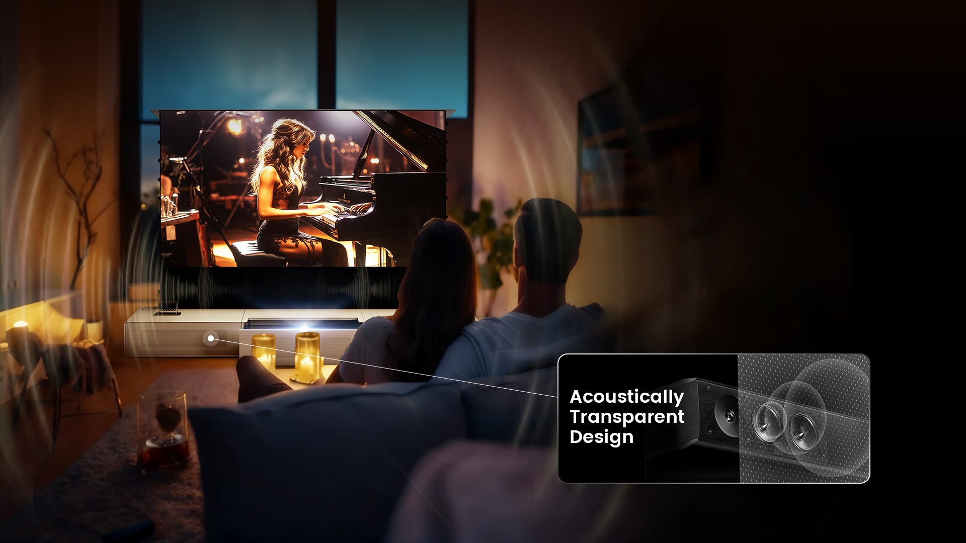 The Shore ust laser TV cabinet features integrated acoustic panels specifically engineered for optimal speaker performance.