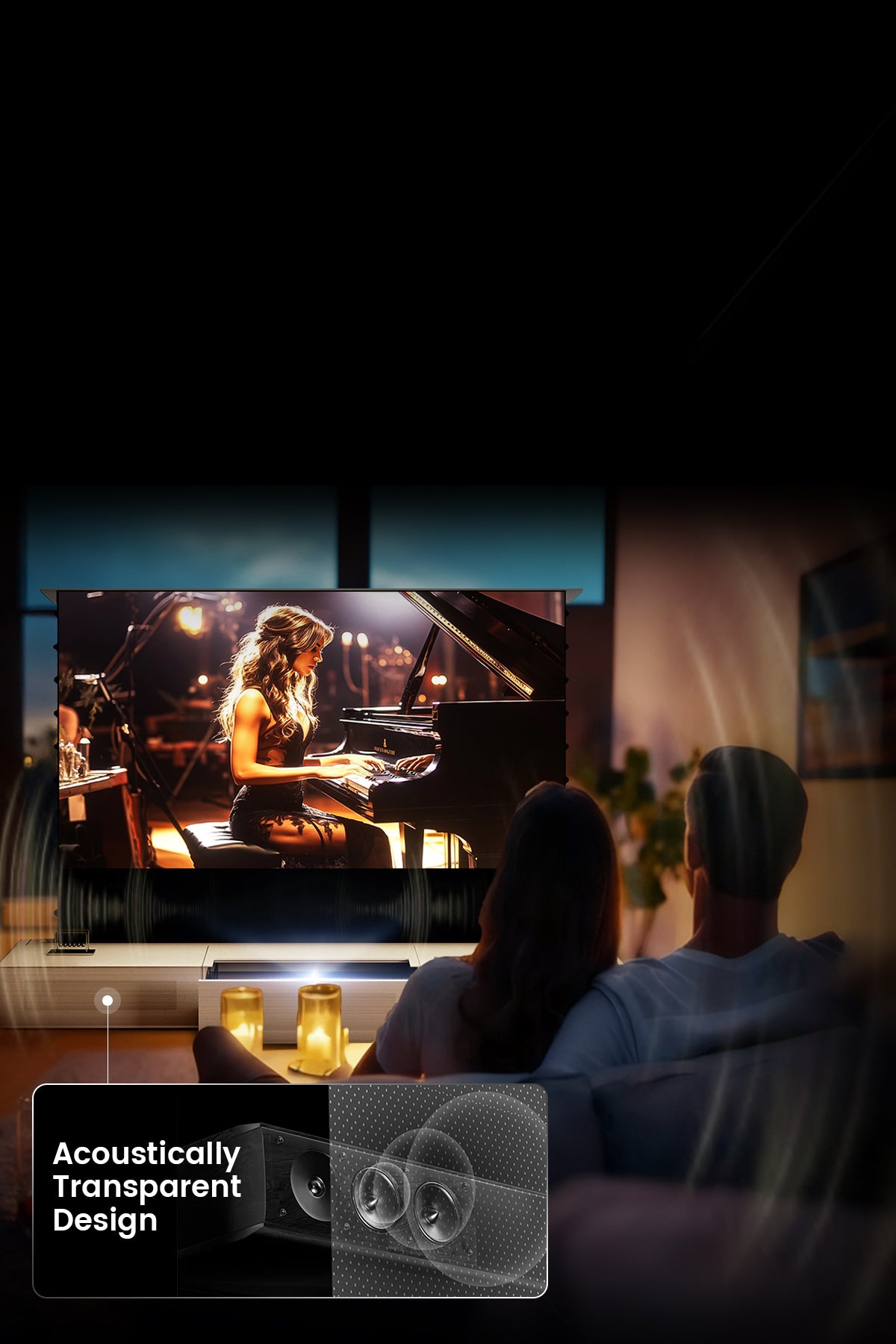 The Shore ust laser TV cabinet features integrated acoustic panels specifically engineered for optimal speaker performance.