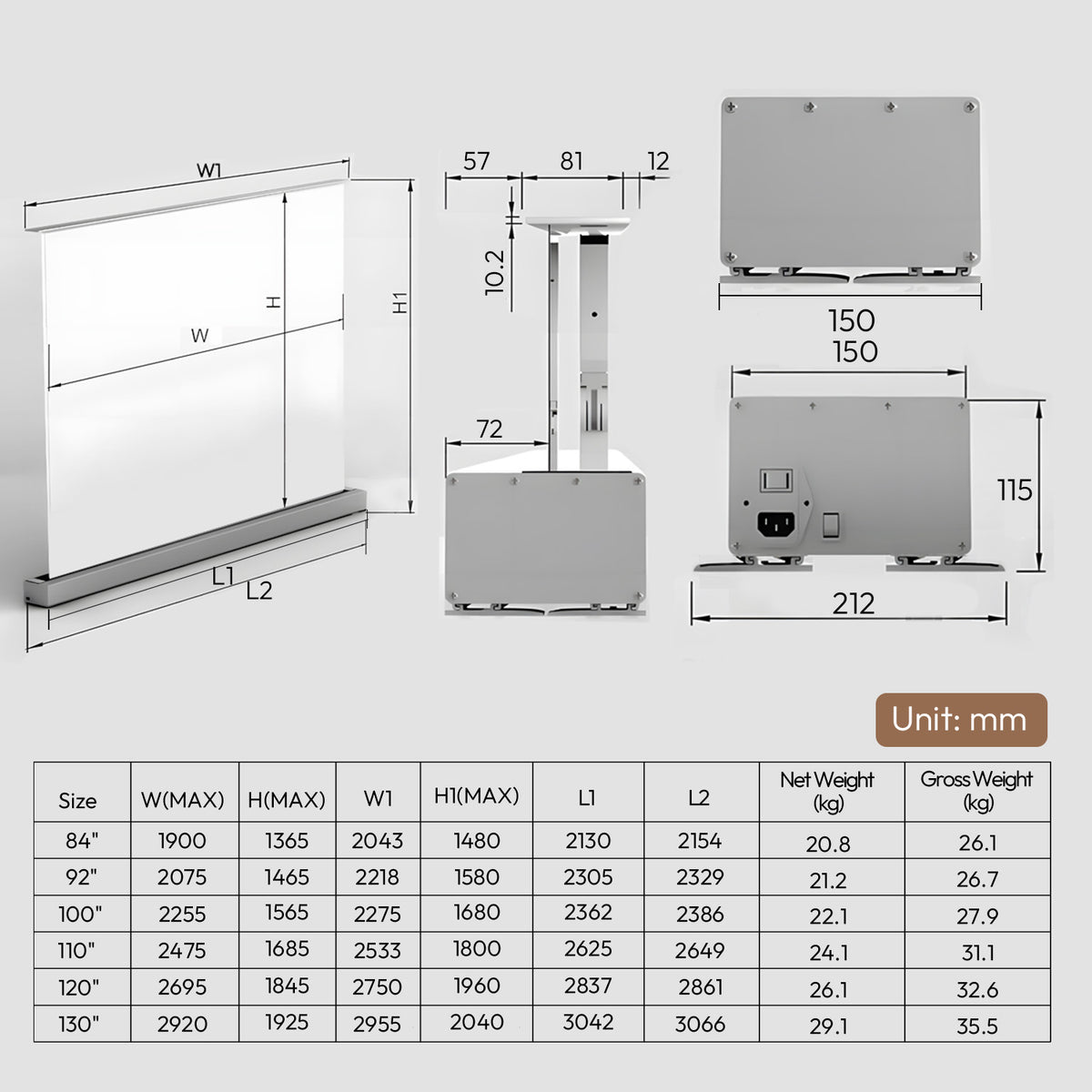 100''-120'' NothingProjector Matte White Motorized Floor Rising Screen For Long/Short/UST Projector