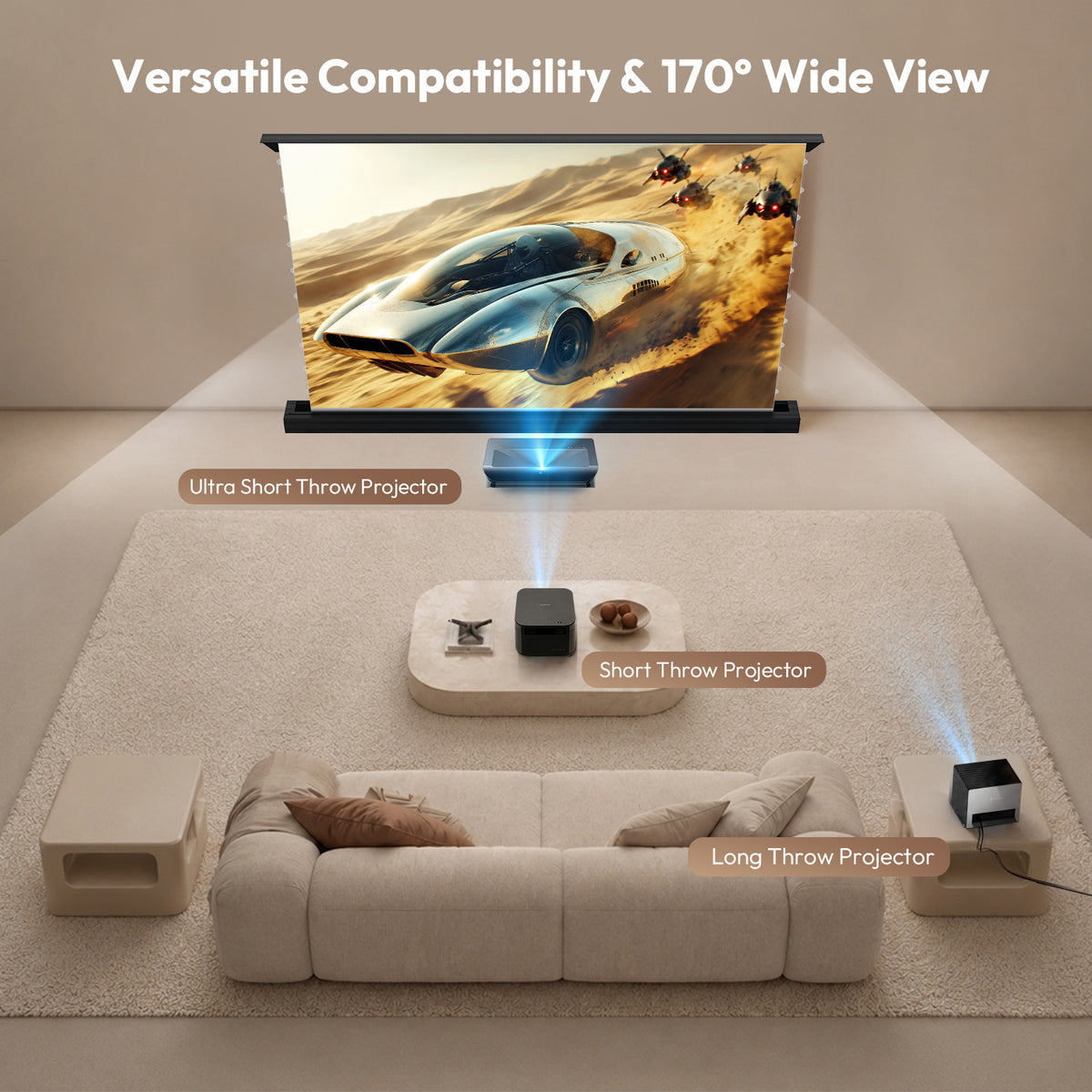 100''-120'' NothingProjector Matte White Motorized Floor Rising Screen For Long/Short/UST Projector