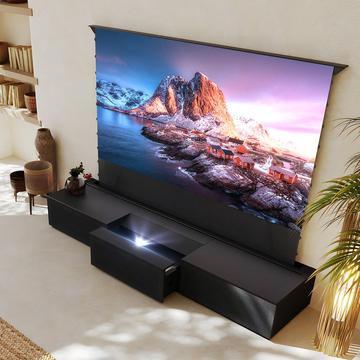 100"-120" Shore Black Motorized Laser TV Flat Pack Cabinet
