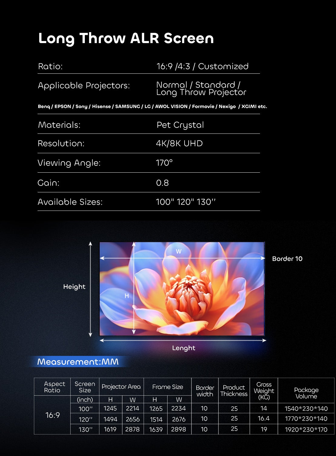 100"-130" NothingProjector Lenticular 4K ALR Projector Screen for Long/Standard Throw Projectors
