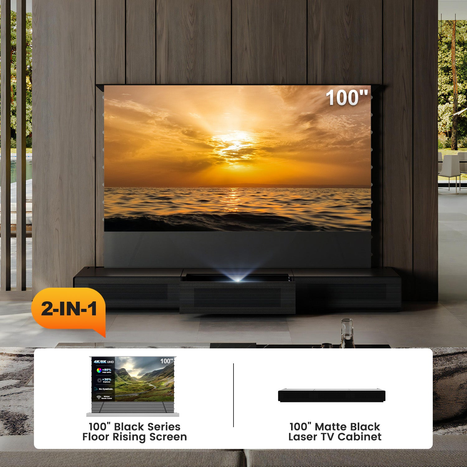 Shore UST Projector Matte Cabinet + Black Series Motorized Floor Rising Screen Bundle (Pre-Assembled）