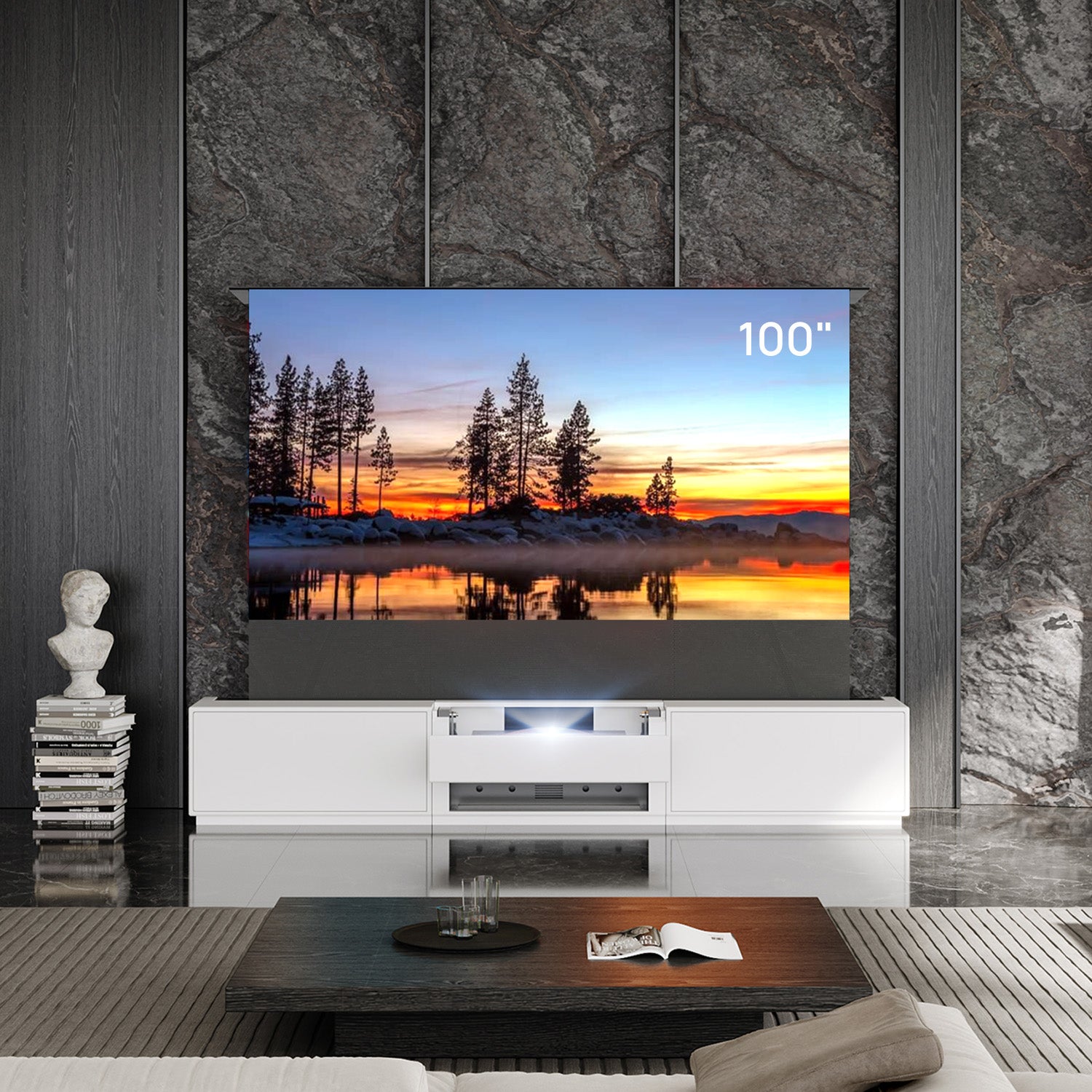 Shore Mattes Smart Laser TV Lowboard mit Klappdesign für Ultrakurzdistanz-Beamer (Vormontiert)