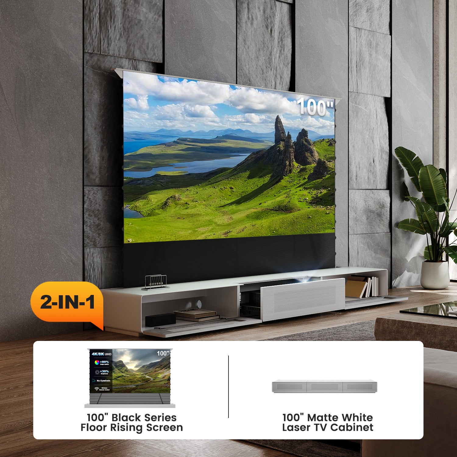 Shore UST Projector Matte Cabinet + Black Series Motorized Floor Rising Screen Bundle (Pre-Assembled）