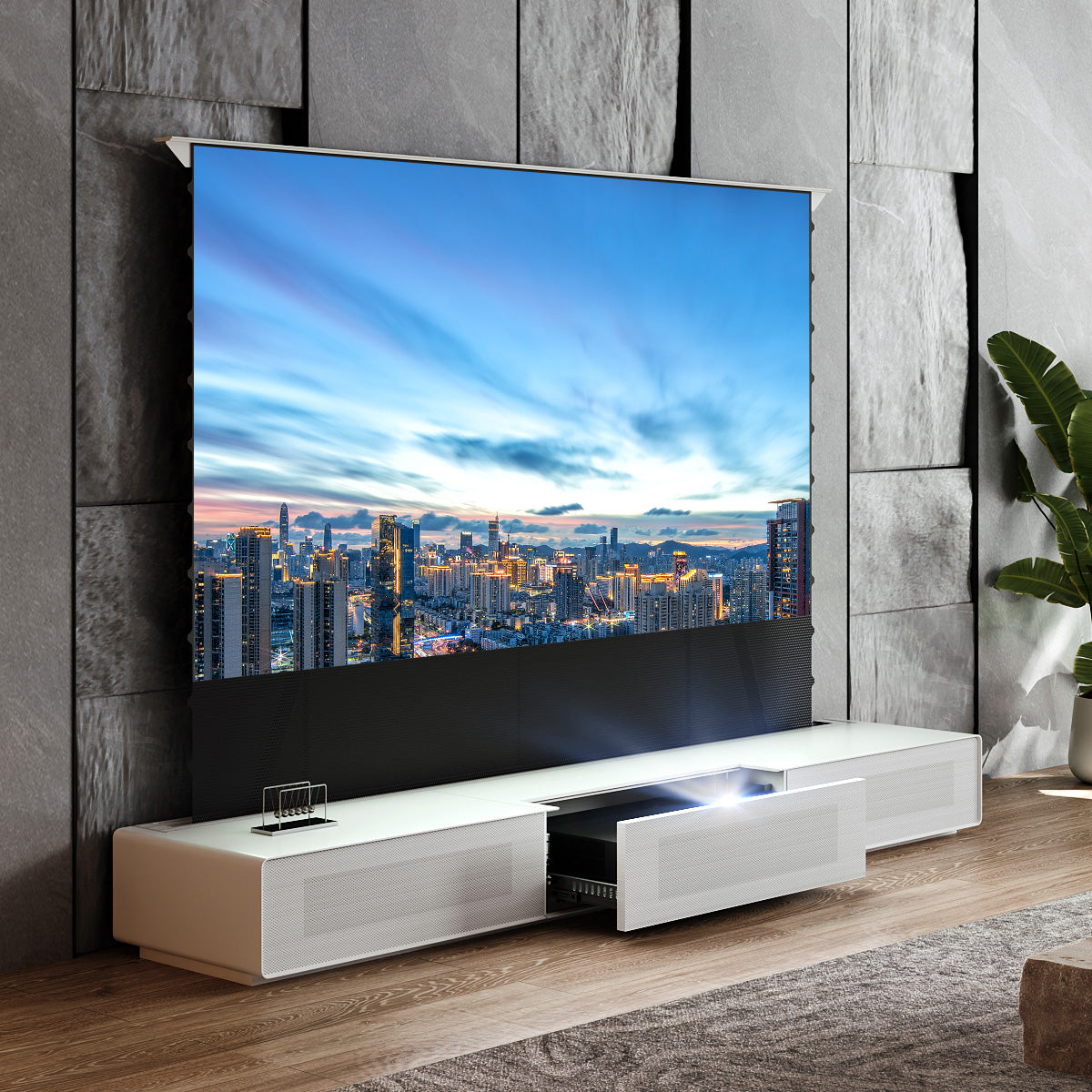 Shore UST Projector Matte Cabinet + Black Series Motorized Floor Rising Screen Bundle (Pre-Assembled）