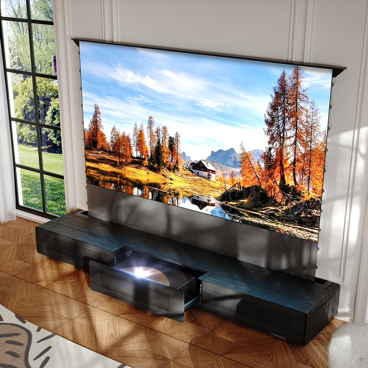 Pre-Assembled Wood Grain Motorized UST TV Stands | Shore RolaTV