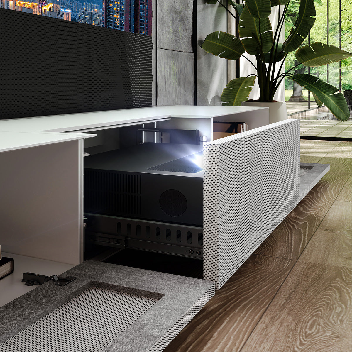 Shore Matte Laser TV Cabinet: Motorized UST TV Stands | Black/White