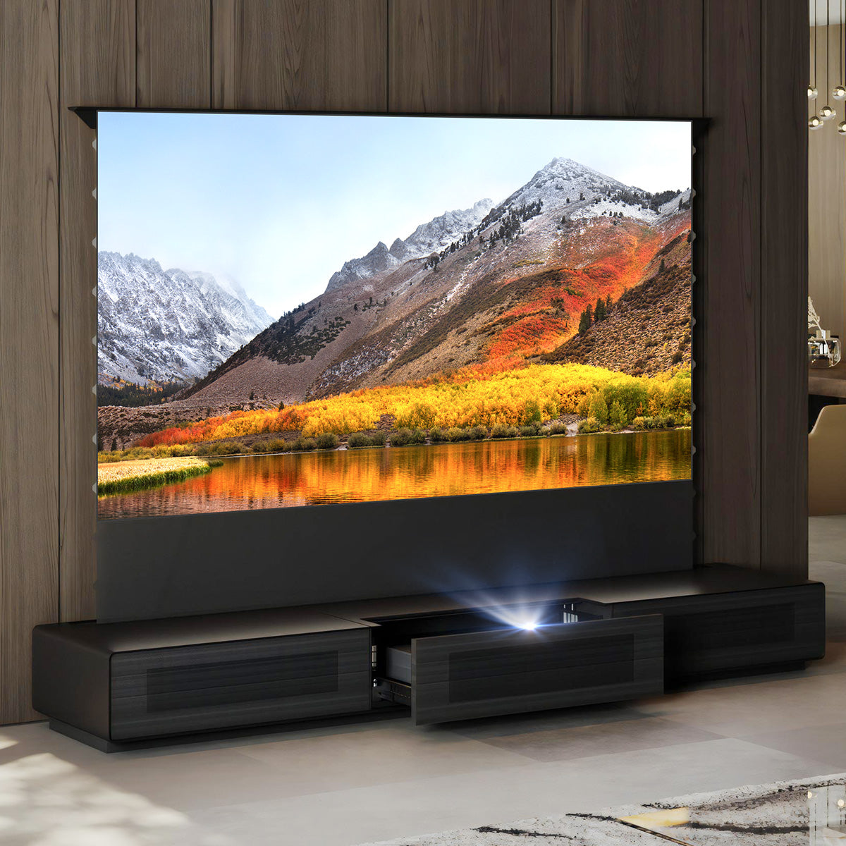 Shore Matte Laser TV Cabinet: Motorized UST TV Stands | Black/White