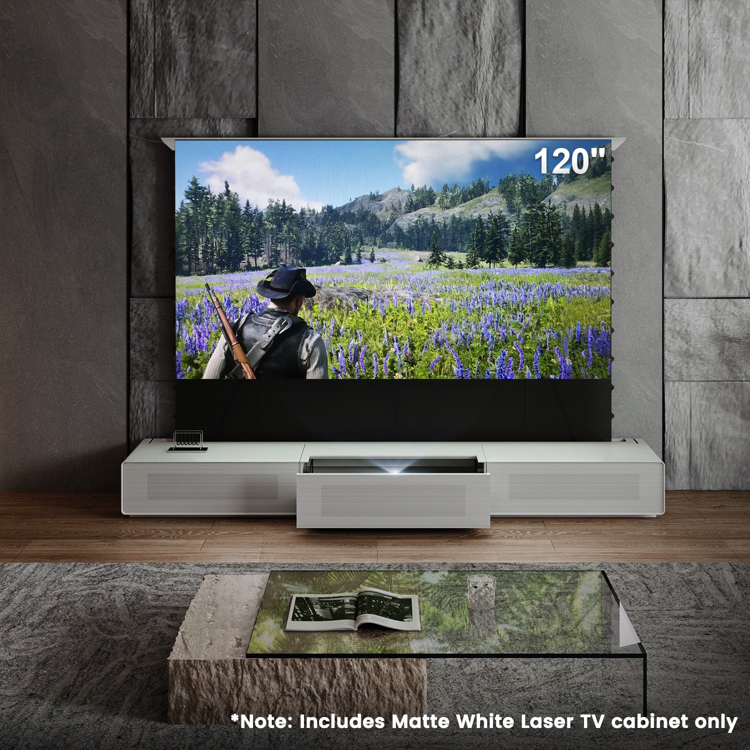 Shore Matte Laser TV Cabinet: Motorized UST TV Stands | Black/White