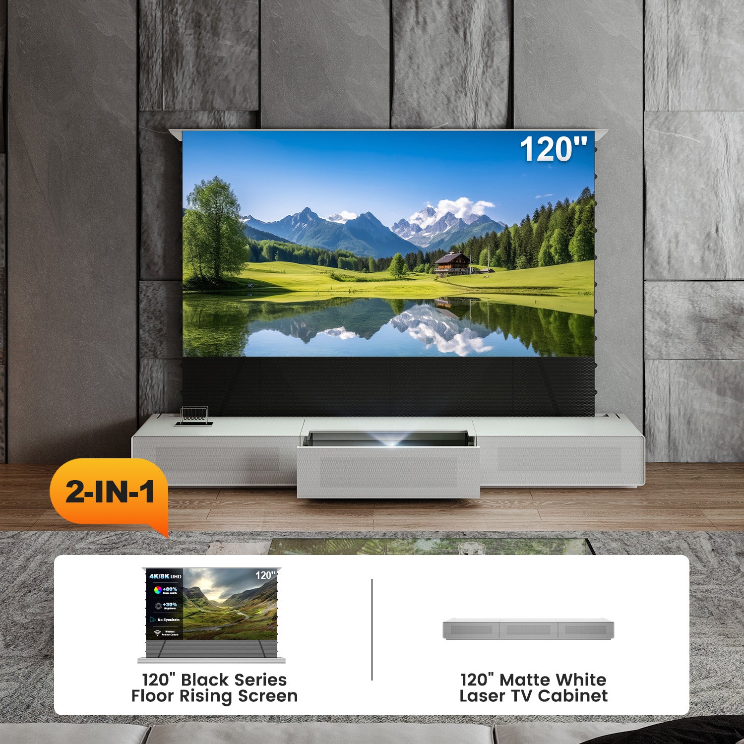 Shore UST Projector Matte Cabinet + Black Series Motorized Floor Rising Screen Bundle (Pre-Assembled）