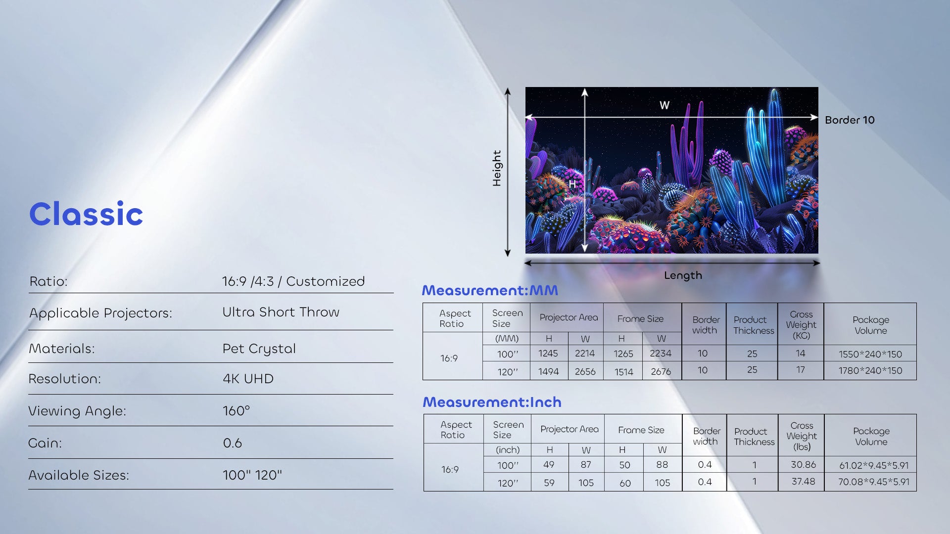 NothingProjector PET Crystal Classic UST ALR Screen Specs & Size Chart