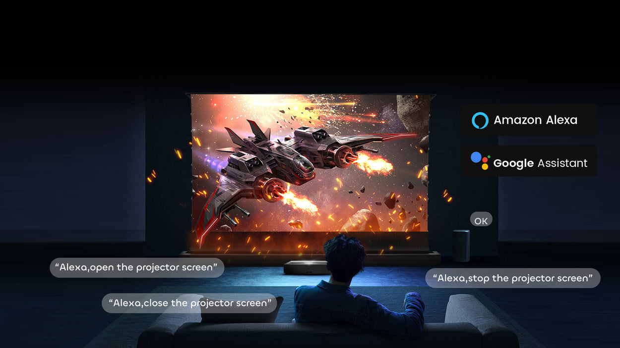 NP Black Series ALR Floor-Rising Screen with Siri Alexa Google voice control and Tuya app integration for hands-free home theater use