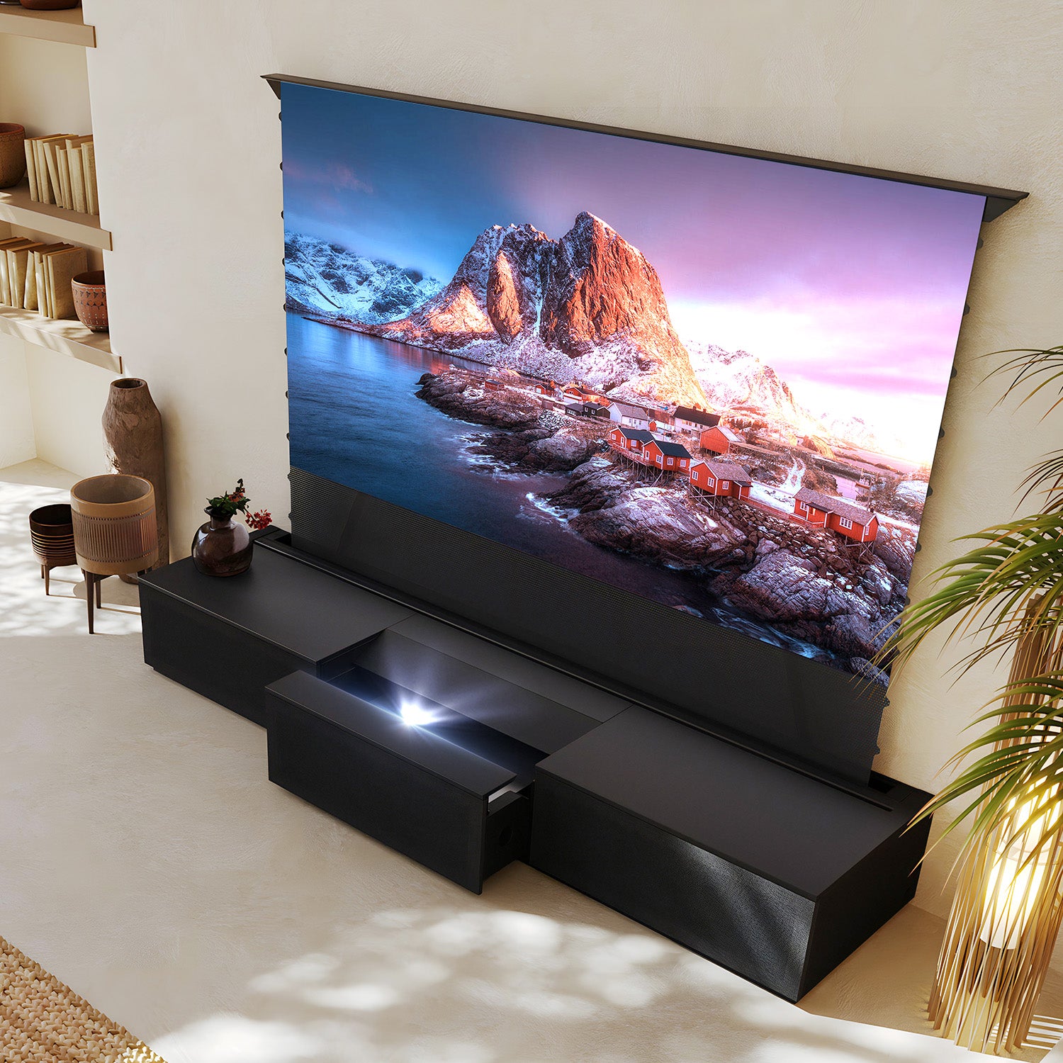 100"-120" Shore Laser motorizado preto TV Gabinete de embalagem plana