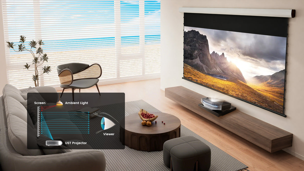 Black Series motorized drop-down ALR projector screen - 95% ambient light rejection for daylight viewing
