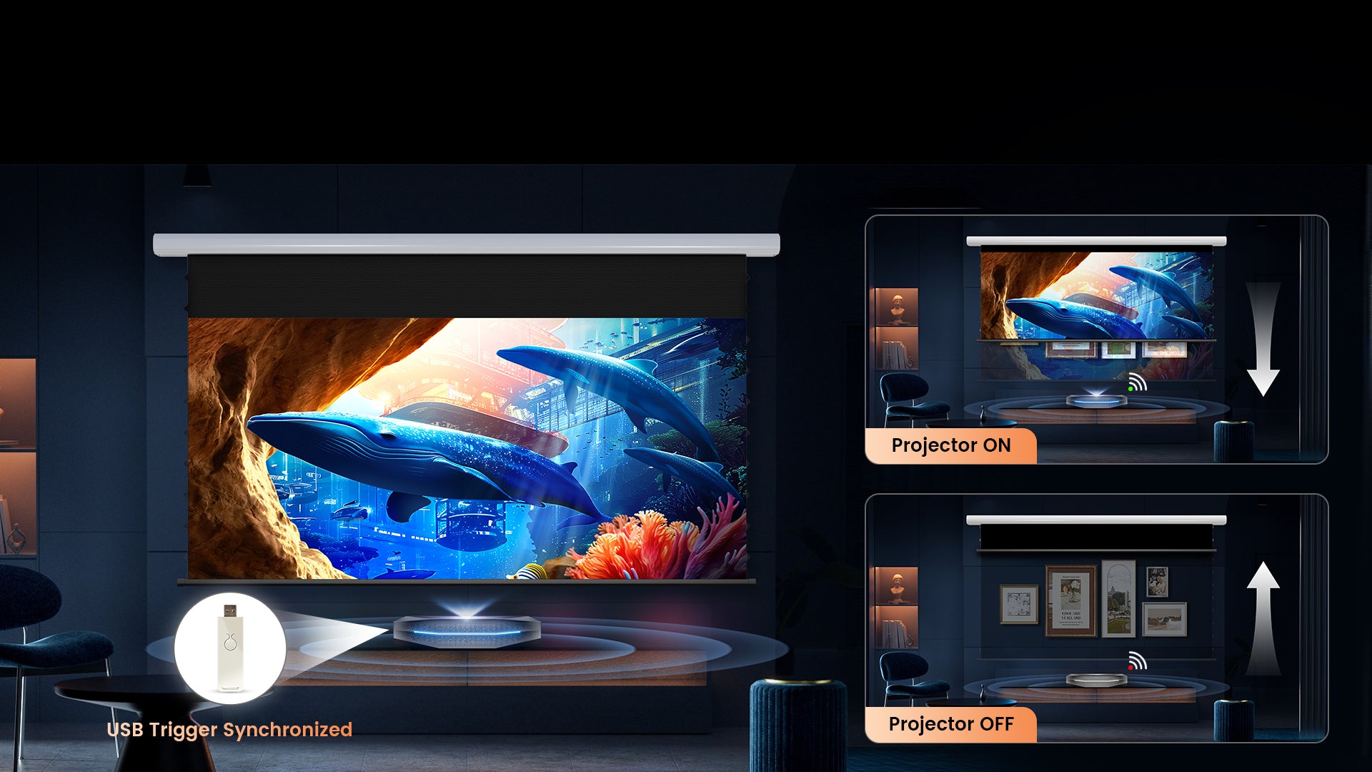 Automatic projector sync using a USB trigger for effortless NothingProjector's motorized drop down screen control